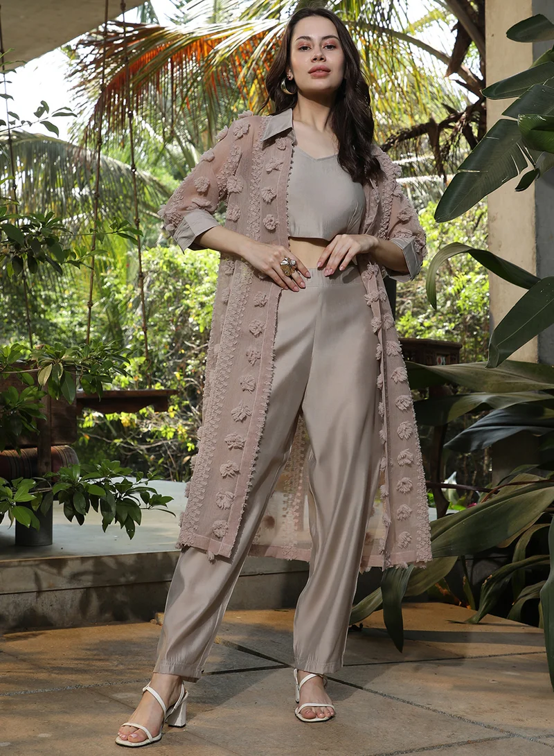 Qissa  Women's Sand Beige Applique Rosa Co-Ord Set For Casual Wear | Spread Collar | Quarter Cuffed Sleeves | 3 Piece Co-Ords Designed With Comfort Fit For Everyday Ethnic Wear for Women | Best Price UAE
